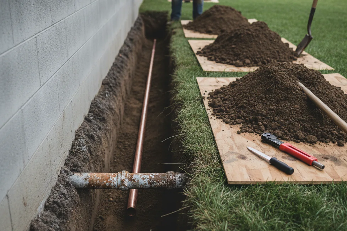 Excavated water line trench during Water Heater Repair in South Windsor
